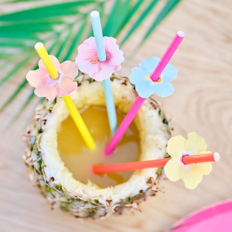 Tiki Tropics Hawaiian Paper Party Straws with Flower Toppers - Pack of 16