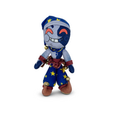 9-inch Youtooz Moon Plush with red eyes, playful grin, star-patterned hat, and two-tone grey-blue design.