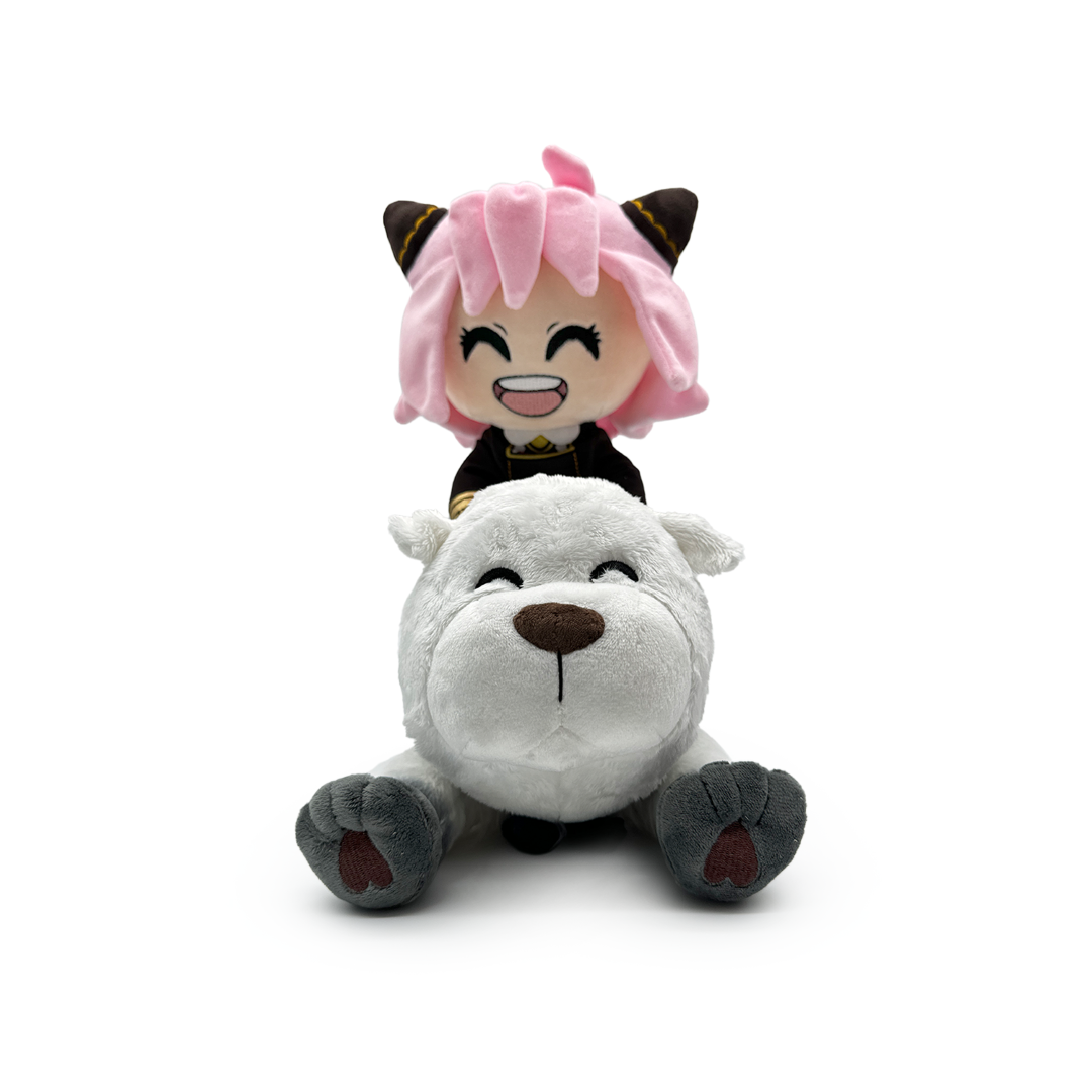 Adorable 1ft plush of Anya in her uniform riding Bond, featuring soft minky materials and charming details, perfect for cuddling.