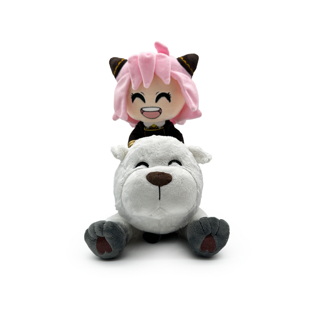 Adorable 1ft plush of Anya in her uniform riding Bond, featuring soft minky materials and charming details, perfect for cuddling.