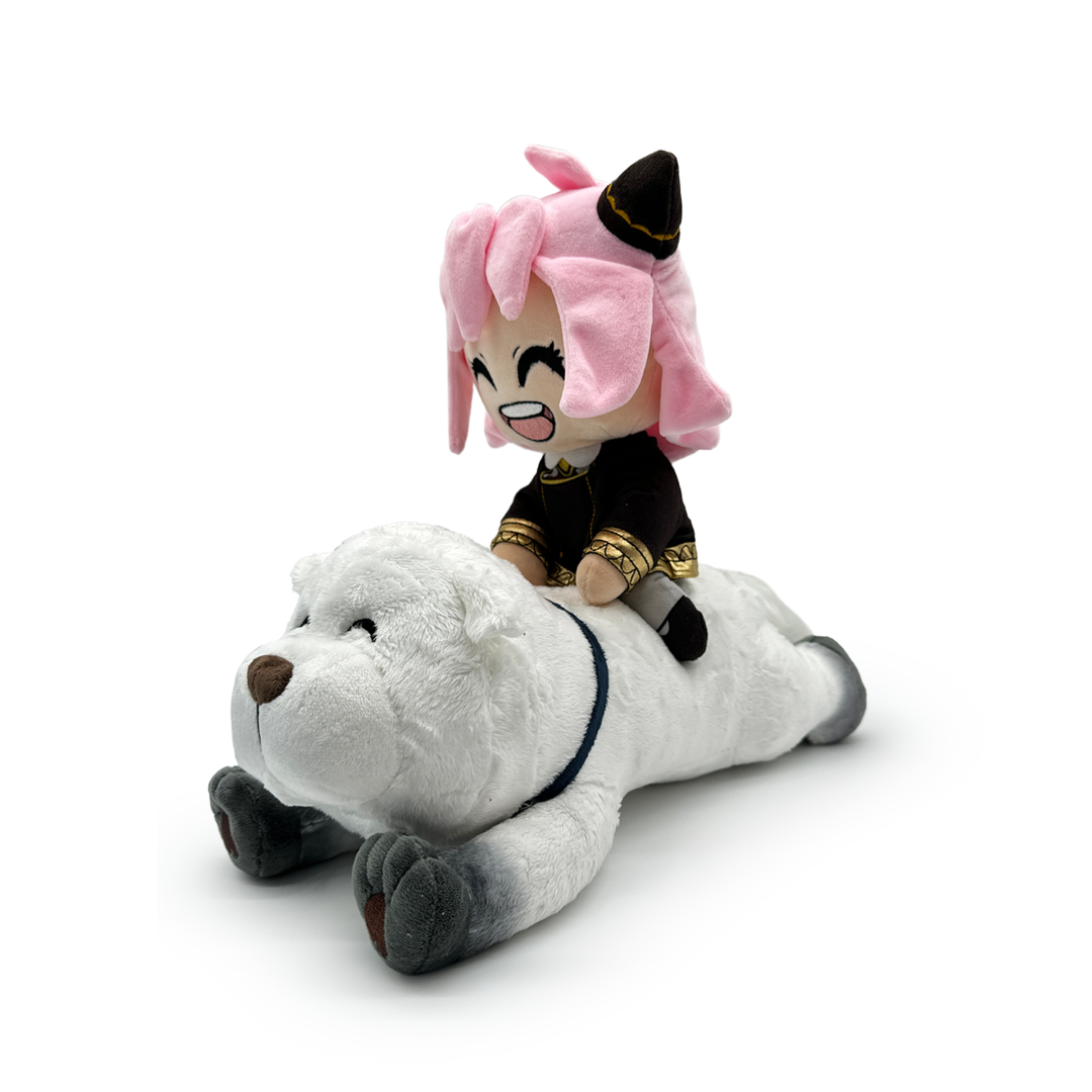Adorable 1-ft Youtooz plush of Anya in brown uniform riding Bond, featuring soft minky materials and delightful details.