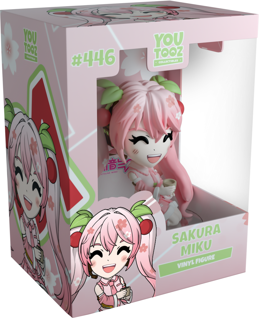 Youtooz Sakura Miku collectible figurine, 3.6 inches, with pink outfit and tea, adorned with sakura blossoms and cherries.