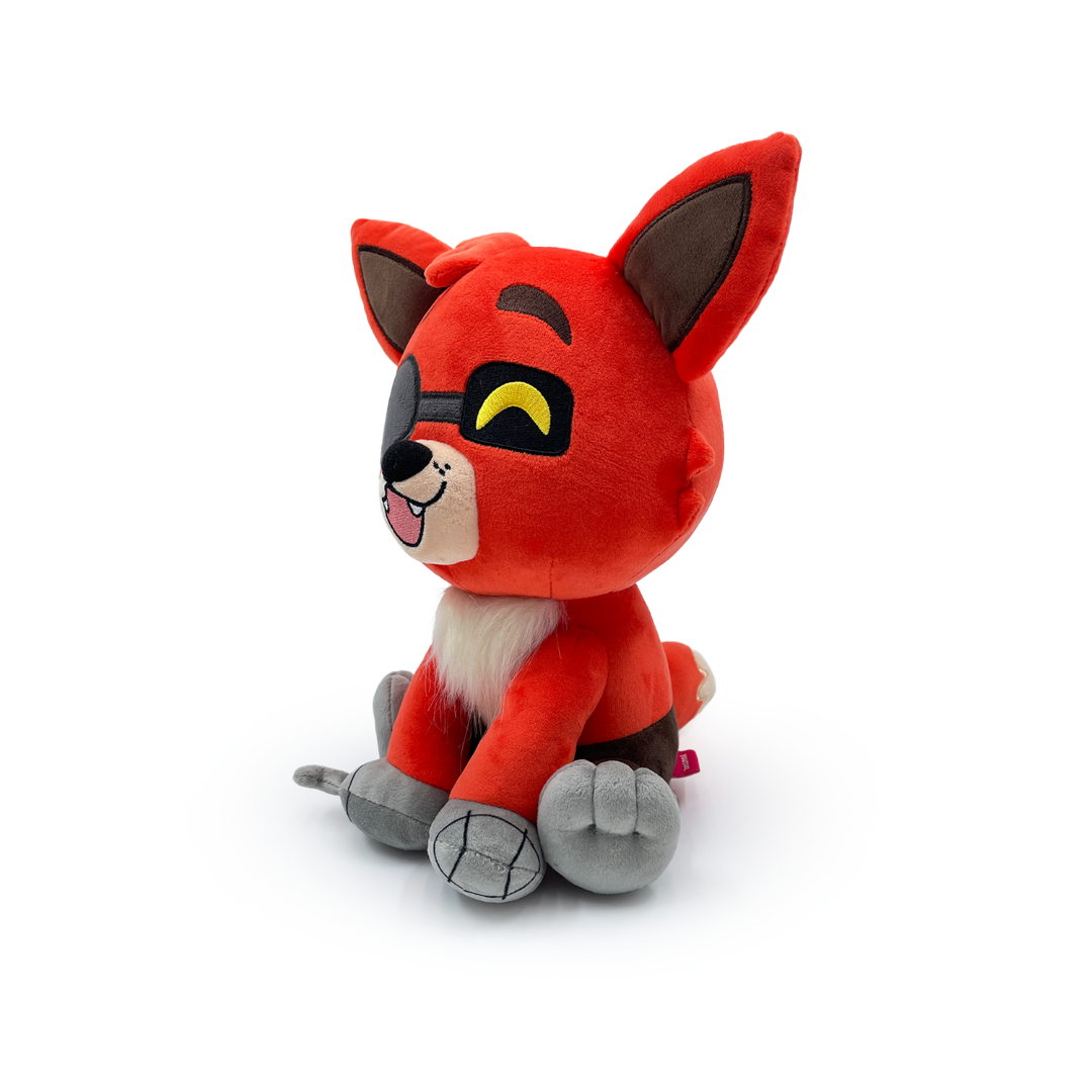 9-inch Youtooz FOXY SIT PLUSH with vibrant orange head, eyepatch, metallic feet, ideal for cuddling and gaming fans.