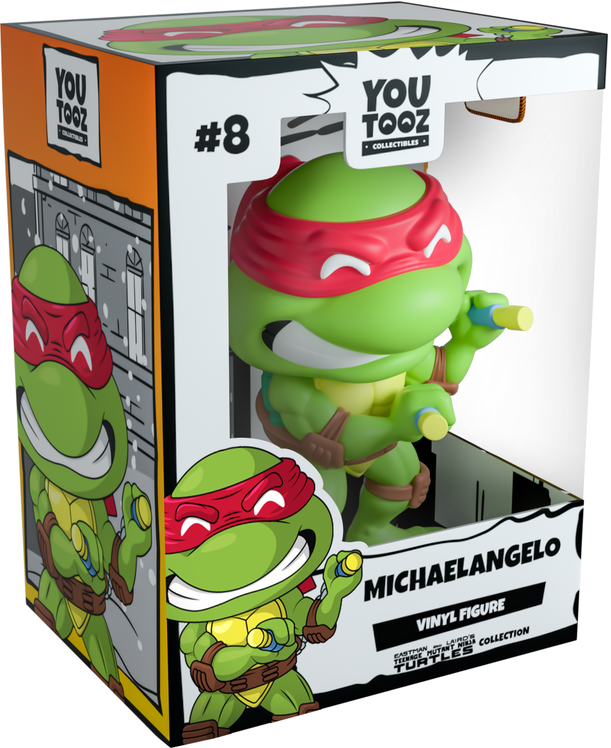 Youtooz Michelangelo Vinyl figure, 4.3 inches tall, in red mask, wielding nunchucks, ideal for TMNT collectors.