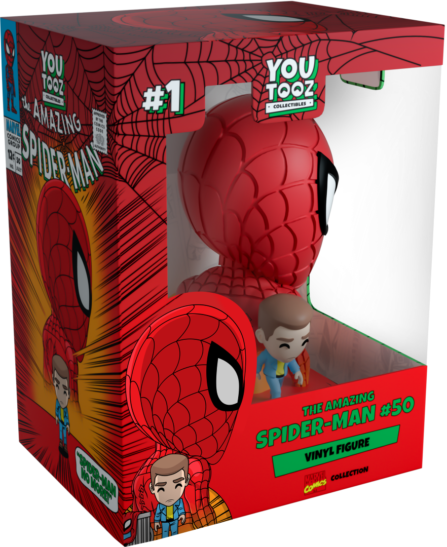 5-inch Youtooz collectible figurine of The Amazing Spider-Man #50, featuring Spider-Man against an orange backdrop.