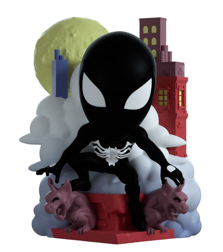 5-inch Youtooz Spider-Man figurine on a brick ledge, showcasing dynamic pose and vibrant New York City skyline backdrop.