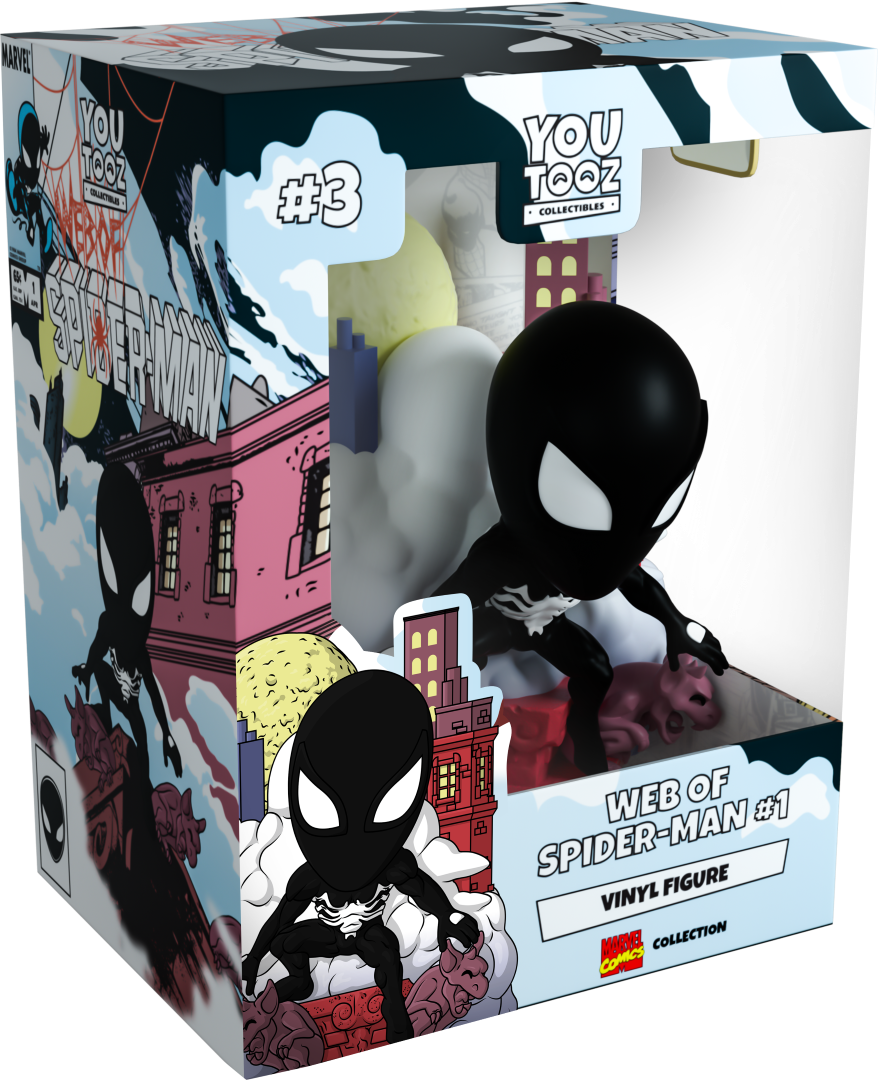 5-inch Youtooz Spider-Man figurine on red brick ledge, ready for action with dynamic pose and smoke cloud backdrop.