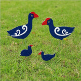 Whimsical Pukeko Family garden stakes set featuring two adults and two chicks, crafted from vibrant acrylic and ACM material.