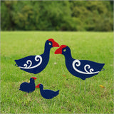 Whimsical Pukeko family garden stakes crafted from durable ACM and vibrant acrylic, perfect for outdoor decor.