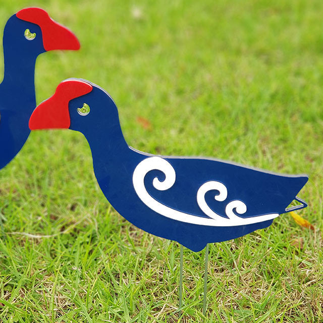 Whimsical Pukeko Family Garden Stakes set, featuring vibrant adult and chick figures, crafted from durable ACM and acrylic.