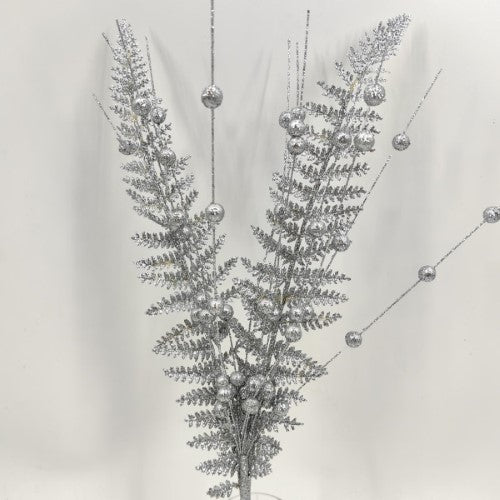 Artificial Glitter Fern Spray (Silver)