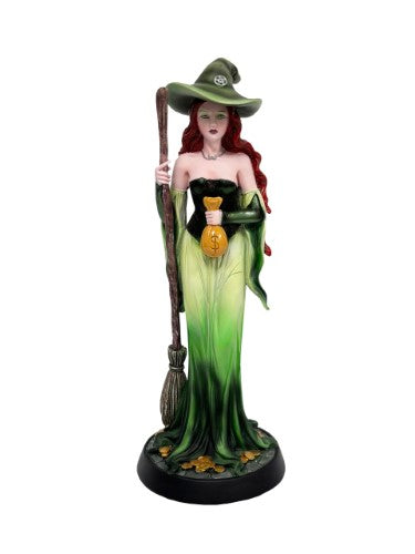 Ornament - Green Witch With Broom and Bag of Money (8 x 8 x 21cm)