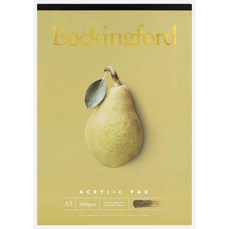 Bockingford A3 Acrylic Pad with 12 thick leaves, 360gsm, ideal for vibrant, detailed artwork without warping.