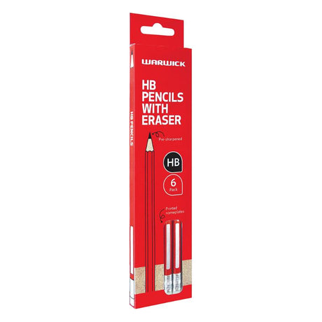 Pack of 6 Warwick HB Pencils with Erasers, pre-sharpened for smooth writing, ergonomic design for comfort and control.