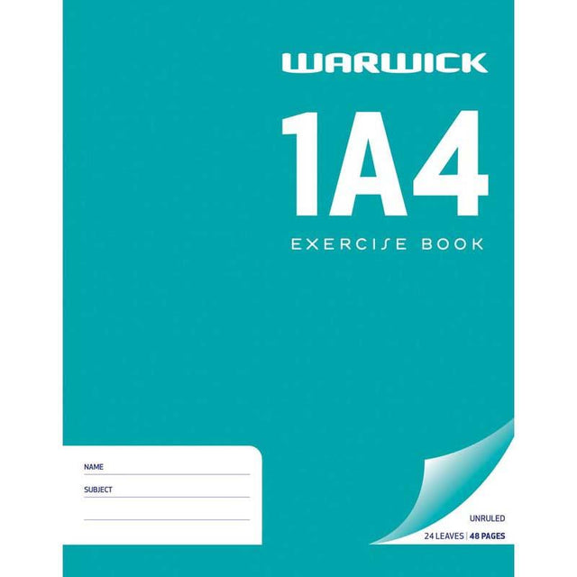 Warwick Exercise Book 1A4 with 24 unruled pages, perfect for notes, sketches, and creative projects, featuring a durable green cover.