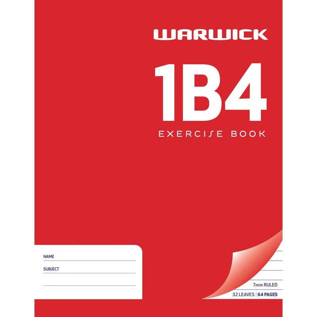 Warwick Exercise Book 1B4 with red cover, 32 ruled leaves, 230x180mm, ideal for organized note-taking.