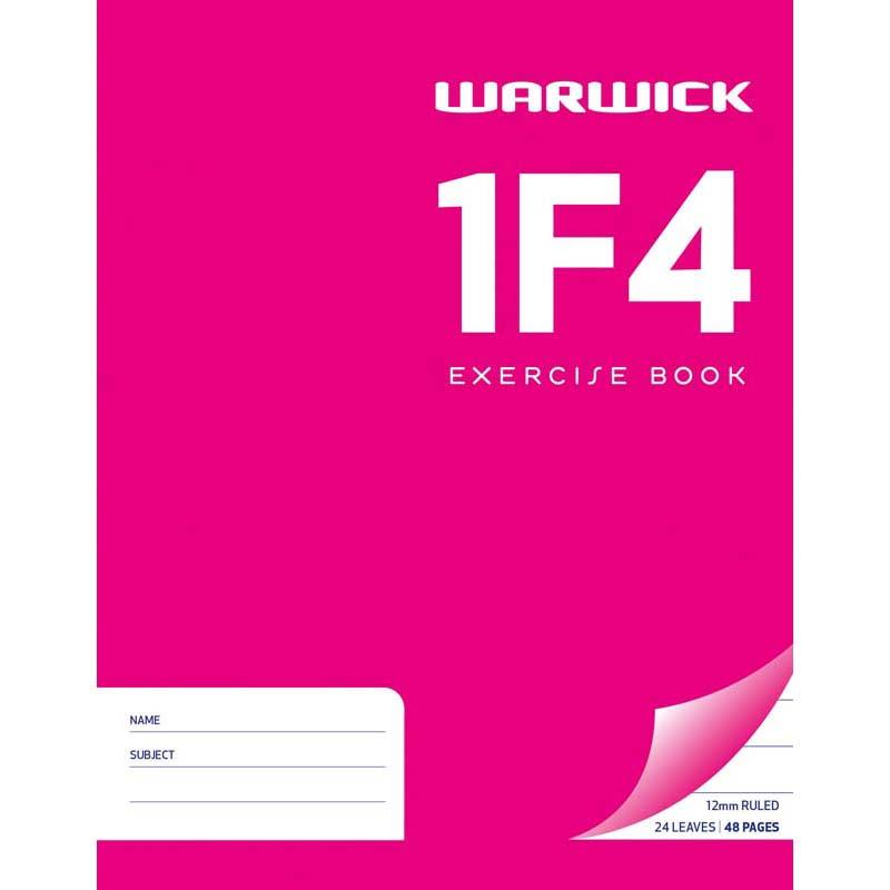 Warwick Exercise Book 1F4 with 24 leaves, 12mm ruled lines, vibrant pink cover, ideal for students and creatives.