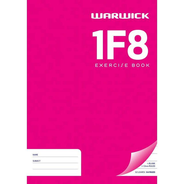 Warwick Exercise Book 1F8: A4 notebook with 32 leaves, 1/3 blank for sketches and 2/3 ruled for notes, in a vibrant pink cover.