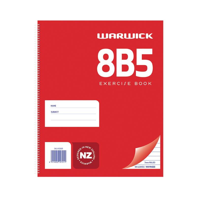 Warwick Notebook 8B5: Red, spiral ruled, 50 leaves, 7mm lines, compact 255x205mm, perfect for notes and journaling.