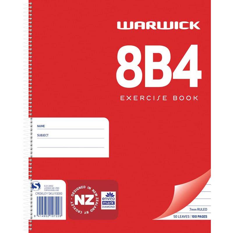 Warwick 8B4 Spiral Notebook with 50 ruled leaves, 7mm lines, soft cover, and portable design in vibrant red.