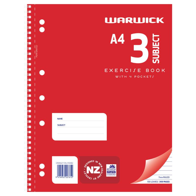 Warwick Exercise Book A4, spiral bound 3 subject, 150 leaves, 7mm ruled for organized note-taking in vibrant red cover.