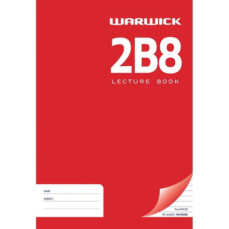 Warwick Lecture Book 2B8 with 94 A4 leaves, 7mm ruled, sturdy red hardcover for organized note-taking and durability.