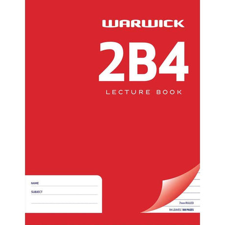 Warwick Lecture Book 2B4, red hardcover, 94 ruled pages, 7mm spacing, 230x180mm, ideal for organized note-taking.