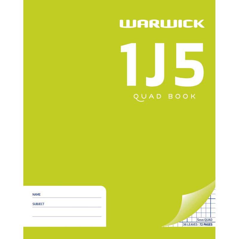 Warwick Exercise Book 1J5, 36 leaves, 5mm quad grid, perfect for notes and math, compact size for students.