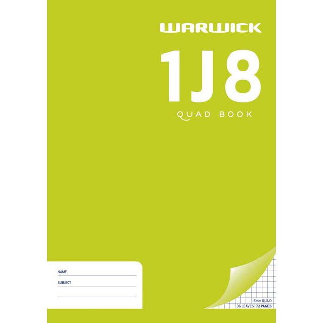 Warwick Exercise Book with 36 leaves, A4 size, featuring a 5mm quad grid layout for organized notes and calculations.