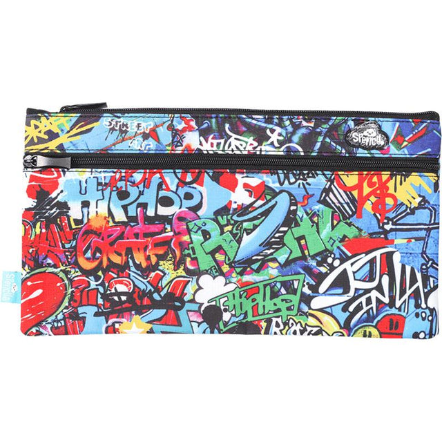 Vibrant street art pencil case with two compartments, durable zip, and personalizable label for stylish organization.