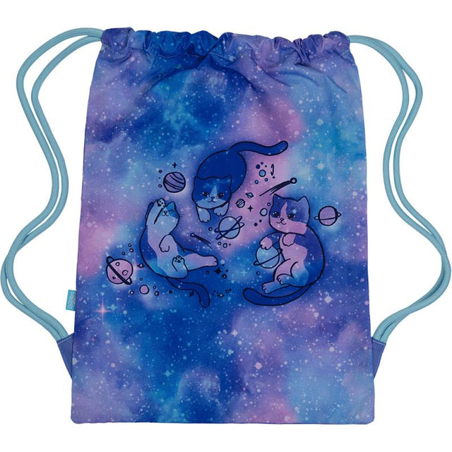 Spencil Cat-a-cosmic Drawstring Sports Bag featuring vibrant cat design, ideal for kids' sports and adventures.