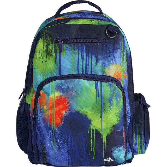 Spencil Colour Drip Backpack featuring a vibrant design, padded pocket for devices, and water bottle compartment.