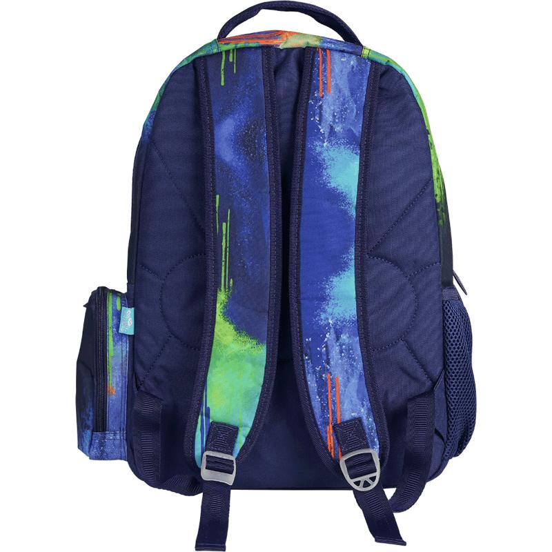 Spencil Colour Drip Backpack featuring a vibrant pattern, padded laptop pocket, and side zipper for phone storage.