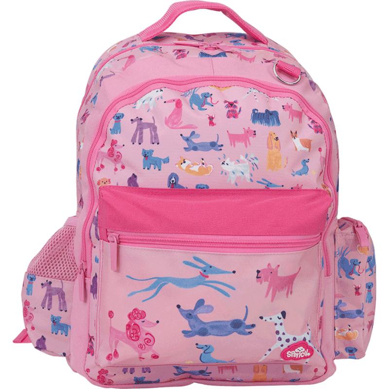 Spencil Doodle Dogs Junior Backpack, vibrant design, multiple pockets, water bottle holder, perfect for preschool and play.