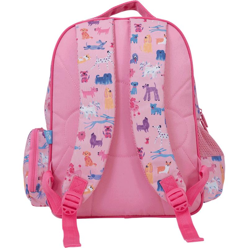 Spencil Doodle Dogs Junior Backpack, 350 x 300mm, vibrant design with pockets, handle, and hydration compartment for kids.