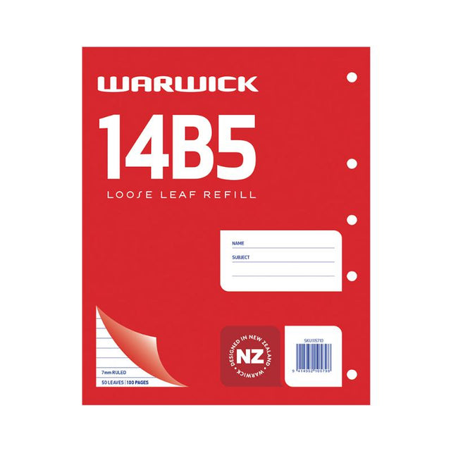 Warwick 14B5 Loose Leaf refill pad with 50 ruled pages, 7mm spacing, perfect for organized note-taking in binders.