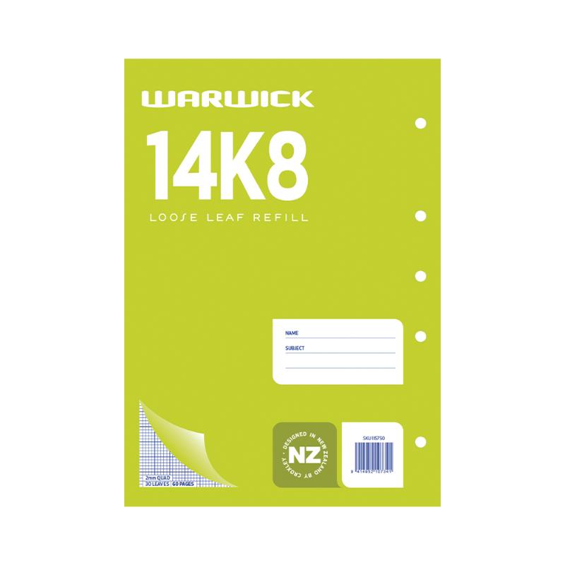 Warwick 14K8 A4 30-sheet refill with 2mm quad grid for diagrams and notes, designed for students and professionals.