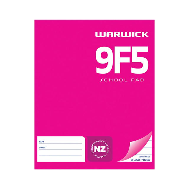 Warwick Pad 9F5 School Notebook with 36 ruled leaves and 12mm line spacing, measuring 255x205mm for easy portability.