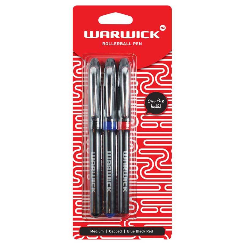 Warwick Pen Rollerball Capped Medium Blue Black Red 3 Pack