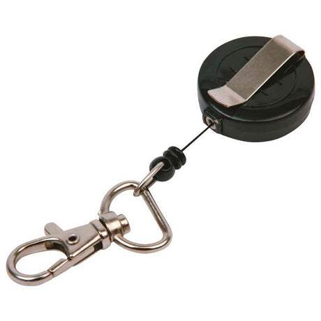 Dixon Key Card Reel in black, featuring swivel mechanism for easy access to IDs and keys, sleek and compact design.