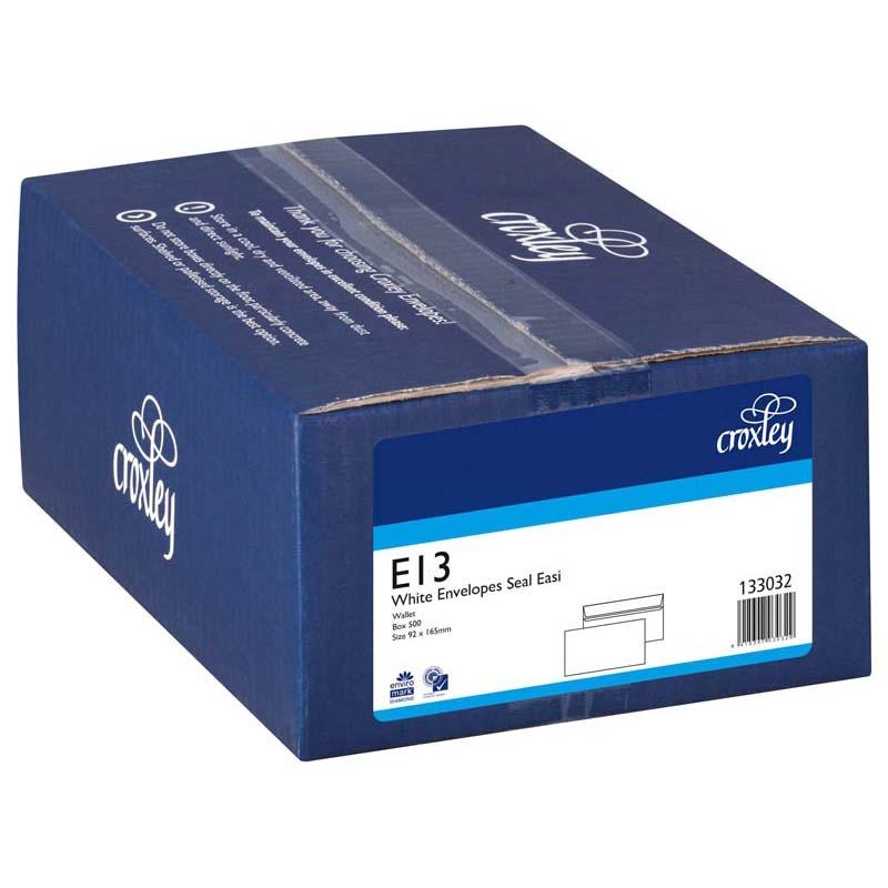 Croxley E13 Seal Easi Box 500 white envelopes, 165mm x 92mm, 80 GSM, self-seal, ideal for mailing documents and letters.