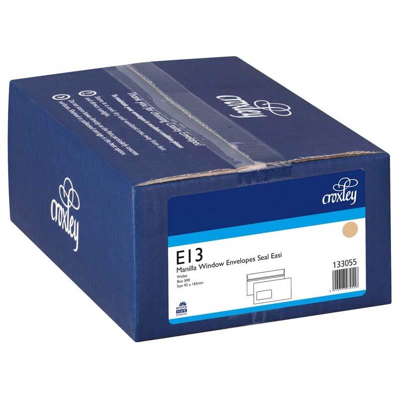 Croxley E13 manilla envelopes with window seal, durable 80 GSM, 500 pack for secure and organized mailing.