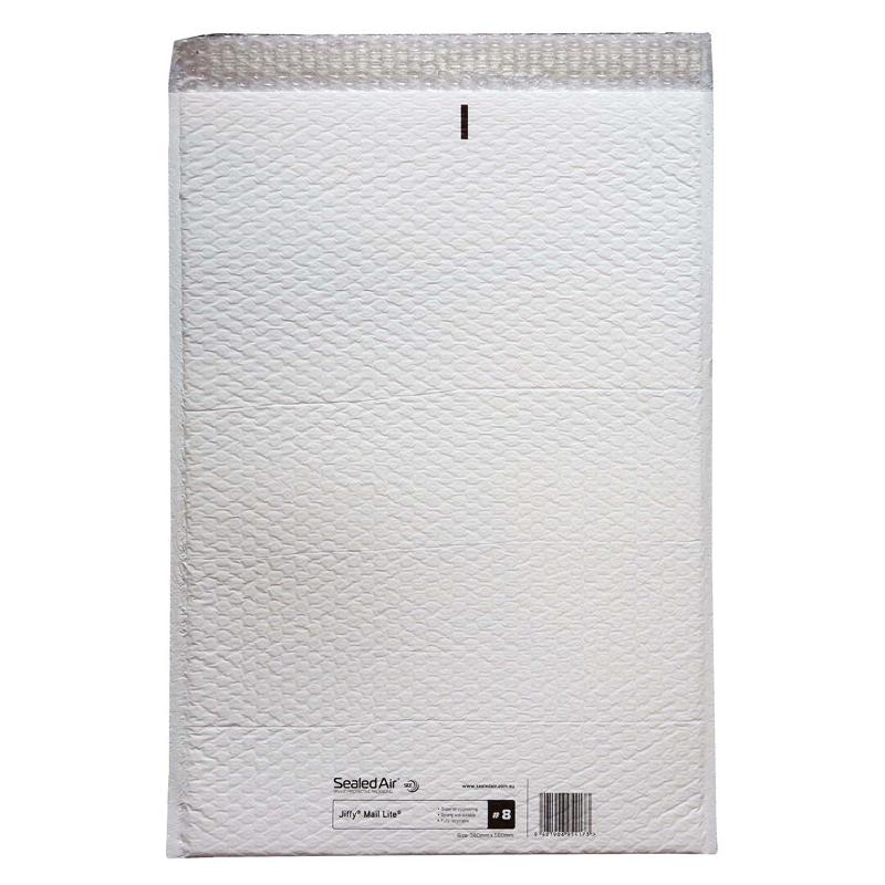 Jiffy Mail Lite Bag Size 8 (380x560mm) eco-friendly bubble mailer, perfect for safe shipping of delicate items.