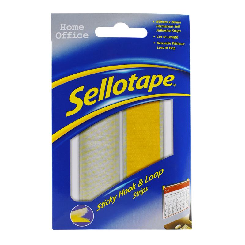 Sellotape Sticky Hook & Loop Strip 20mm x 450mm for permanent adhesion in DIY, crafting, and organizing projects.