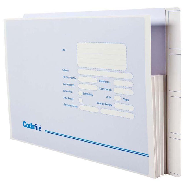 Codafile Concertina Box 25: Durable white storage solution for organizing up to 100 meters of documents, ideal for home or office use.