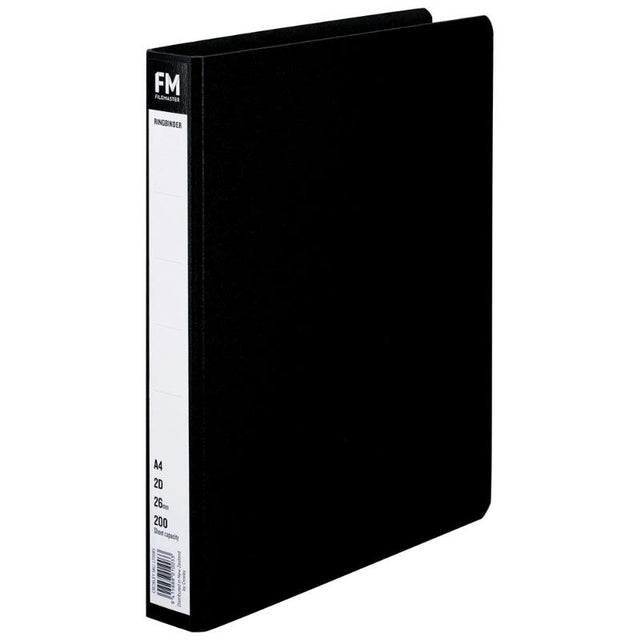 FM A4 Black Ringbinder with 26mm rings, holds up to 200 sheets, perfect for organizing documents with style.