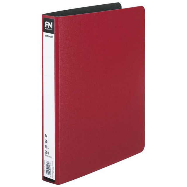 FM Ringbinder A4 in red trunk board design, holds up to 200 sheets, ideal for organizing documents with style.