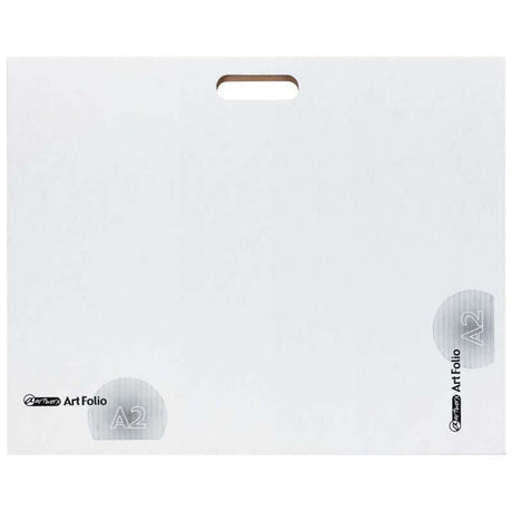 Durable A2 cardboard folio with sturdy handle, designed to protect and organize artwork for artists and art lovers.