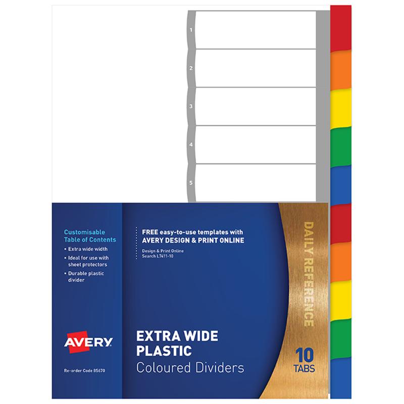 Avery Dividers A4 10 Tab Coloured Pre-Printed Extra Wide L7411-10