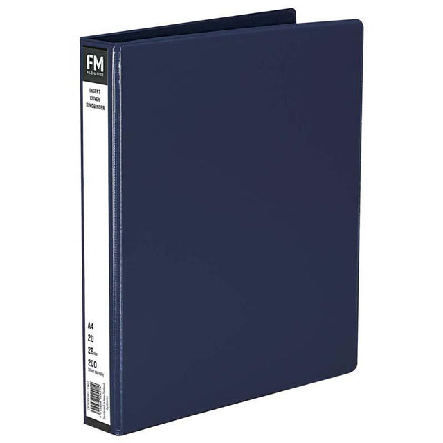 Blue A4 binder with clear insert cover, holds 200 sheets, durable polypropylene material, ideal for document organization.